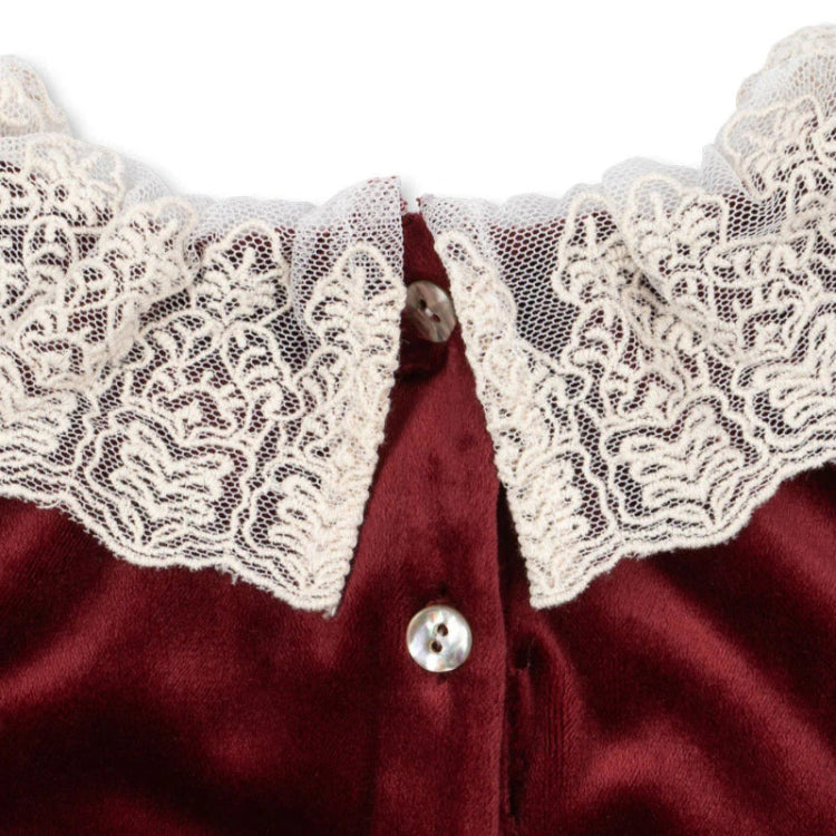 Konges Slojd Venola Dress Red Dahlia, burgundy velvet with ivory lace collar and pearl buttons fastened at front