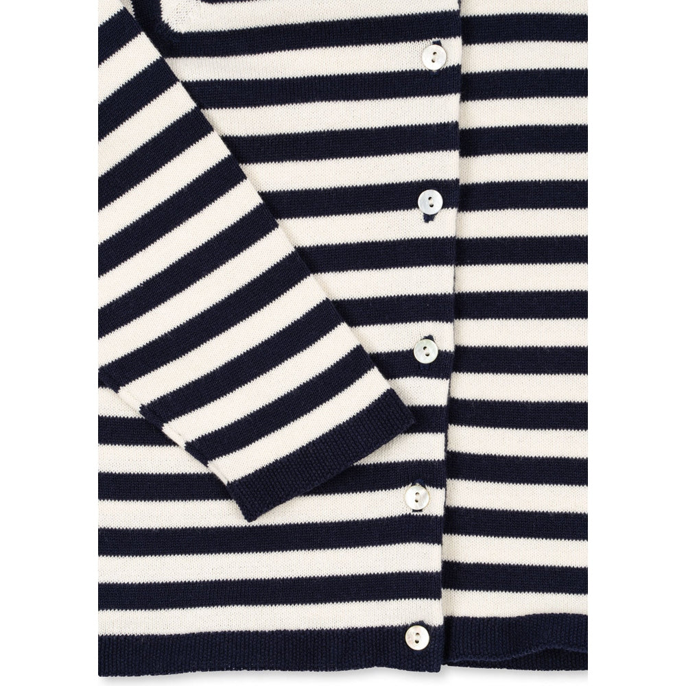 Konges Slojd Venton Cotton Knit Cardigan GOTS navy stripe; front-buttoned with white buttons and ribbed cuffs