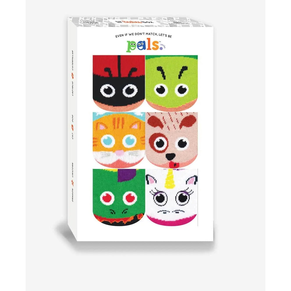 Lil Besties Mismatched Socks Gift Box by PALS SOCKS, six colorful cartoon-faced socks displayed on a white box.