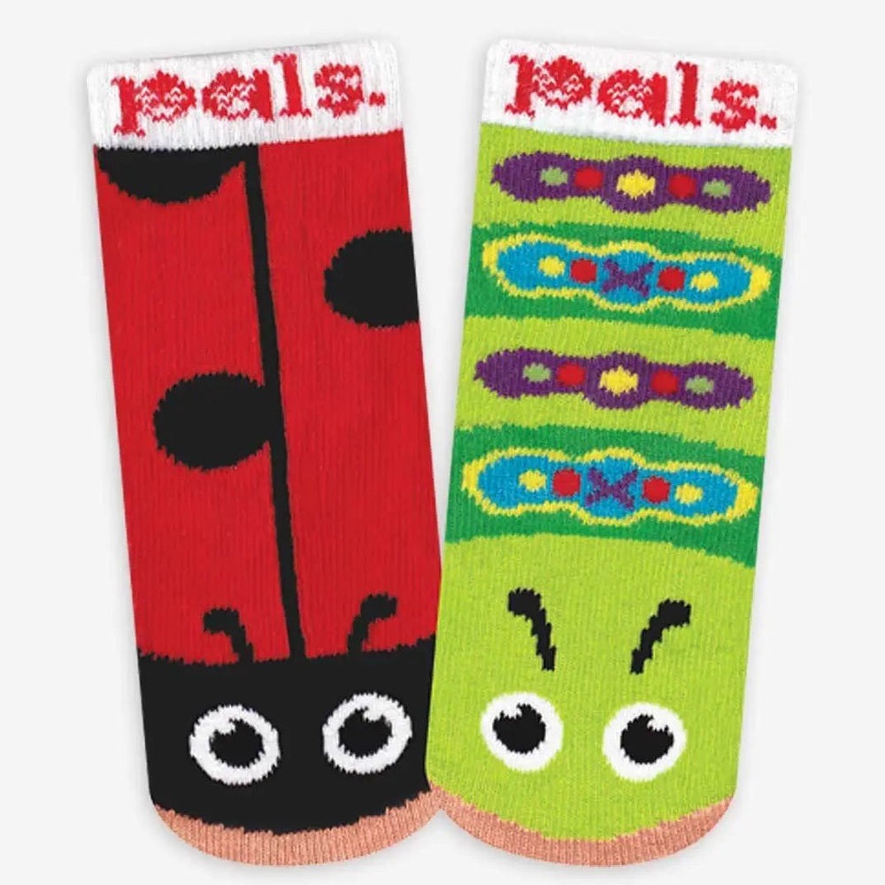 Lil Besties Mismatched Socks Gift Box by PALS SOCKS: red sock with black eyes and lime green sock with colorful bands, shown side by side