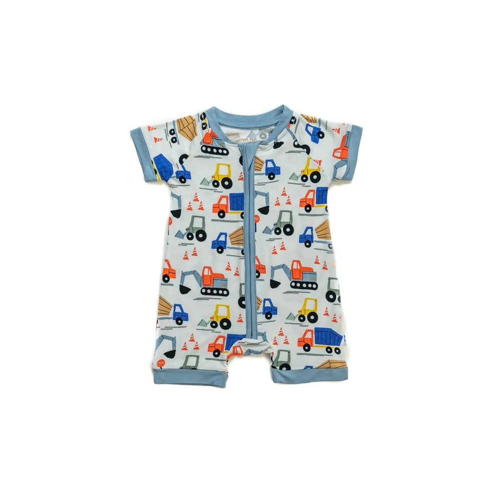 Littlesleepies Construction Bamboo Viscose Shorty Zippy romper in blue trim, with colorful trucks print and front zipper.
