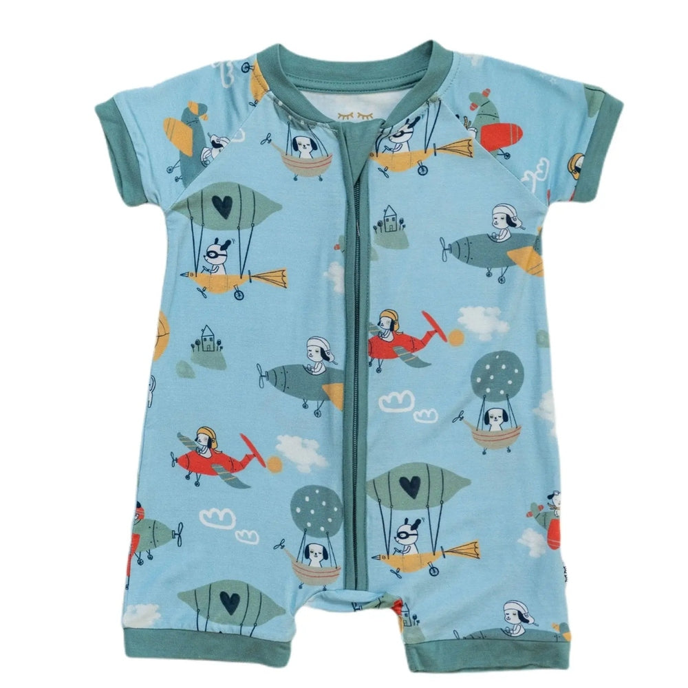 Littlesleepies Fly Away With Me Bamboo Viscose Shorty Zippy romper, light blue with airplane print and front zipper.