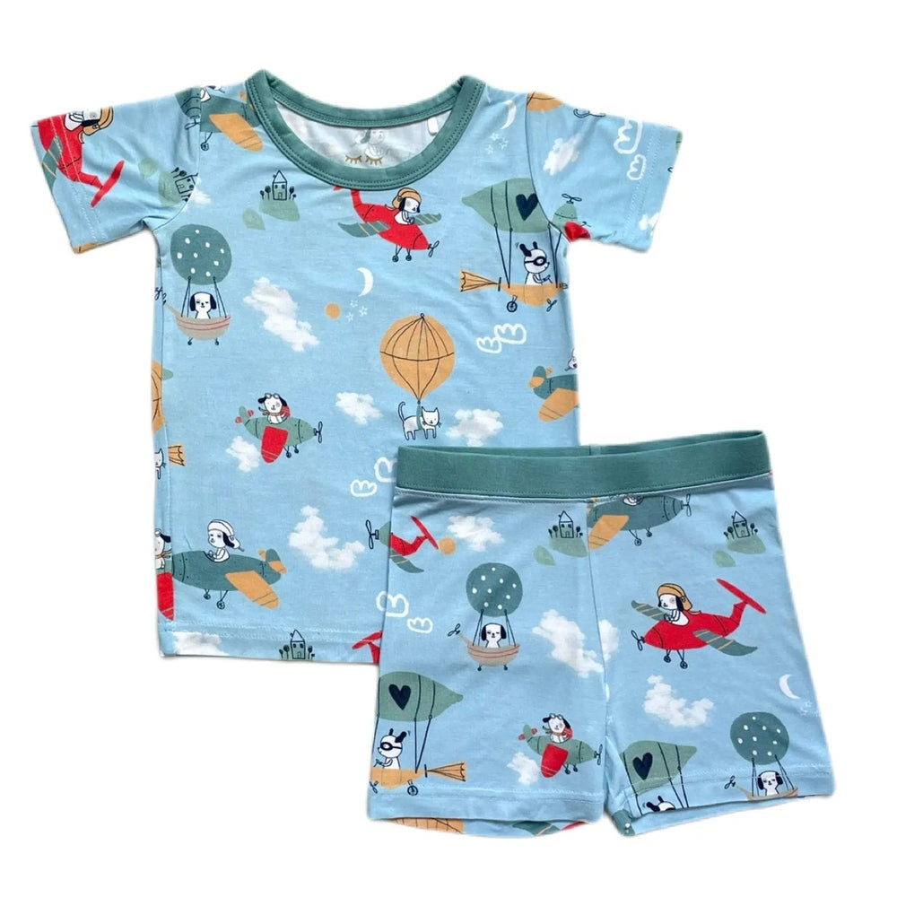 Littlesleepies Fly Away With Me Two Piece Short Sleeve & Shorts Bamboo Viscose Pajama Set, blue with airplanes and balloons floating in clouds.
