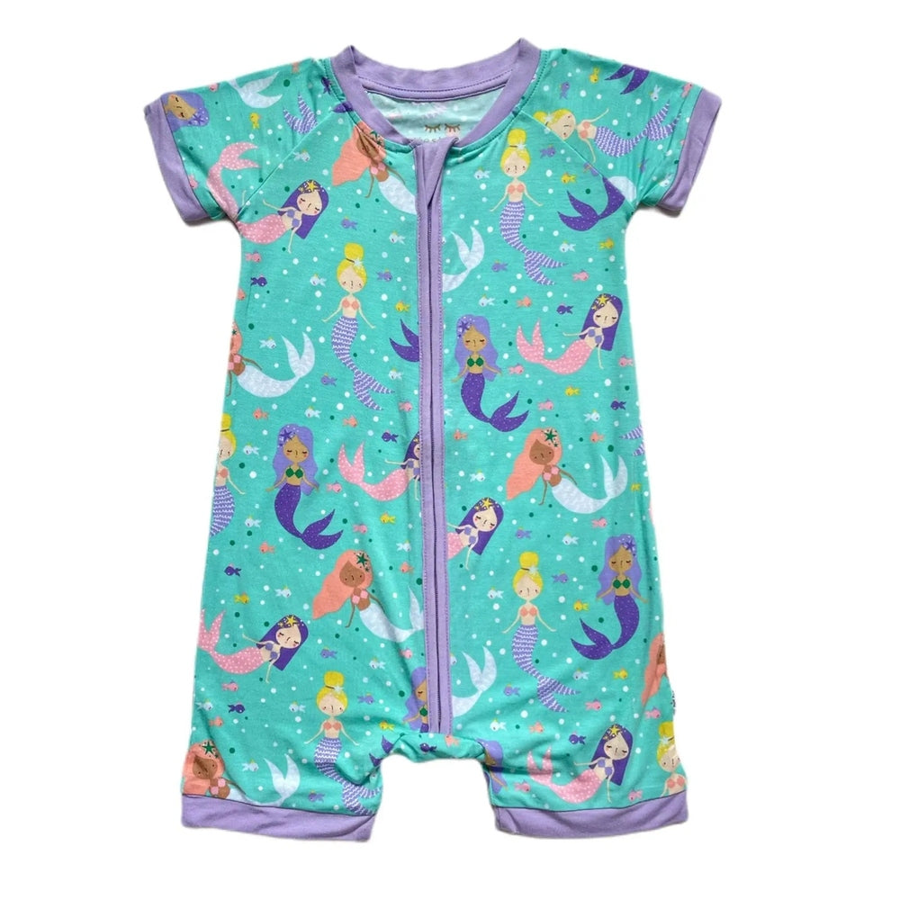 Littlesleepies Mermaid Magic bamboo viscose shorty zippy romper, turquoise with purple trim, front zipper for easy dressing