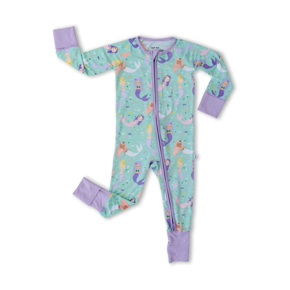 Littlesleepies Mermaid Magic Bamboo Viscose Zippy sleepsuit in mint green with lavender cuffs, front zipper for quick changes.