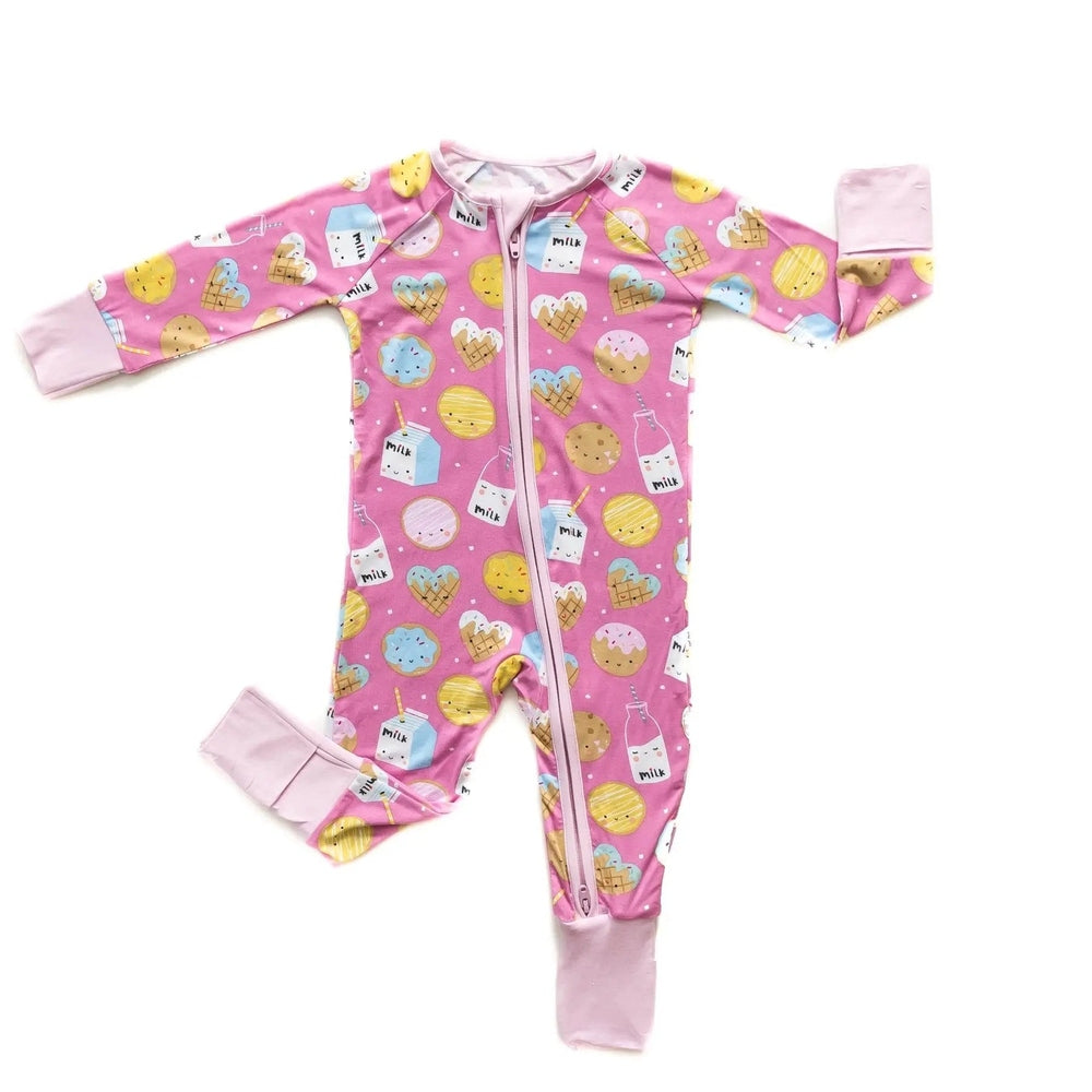 Littlesleepies Pink Cookies & Milk Bamboo Viscose Zippy baby romper, front-zip closure, pink footed sleep suit with cookie milk print.
