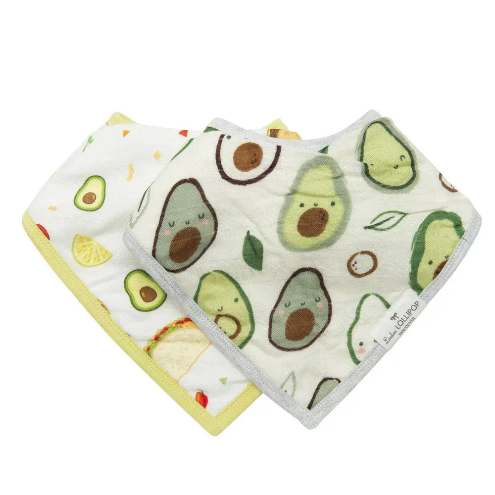 Loulou Lollipop Bandana Bib Set avocado print, 2-pack, two bibs laid flat with yellow and grey trim.