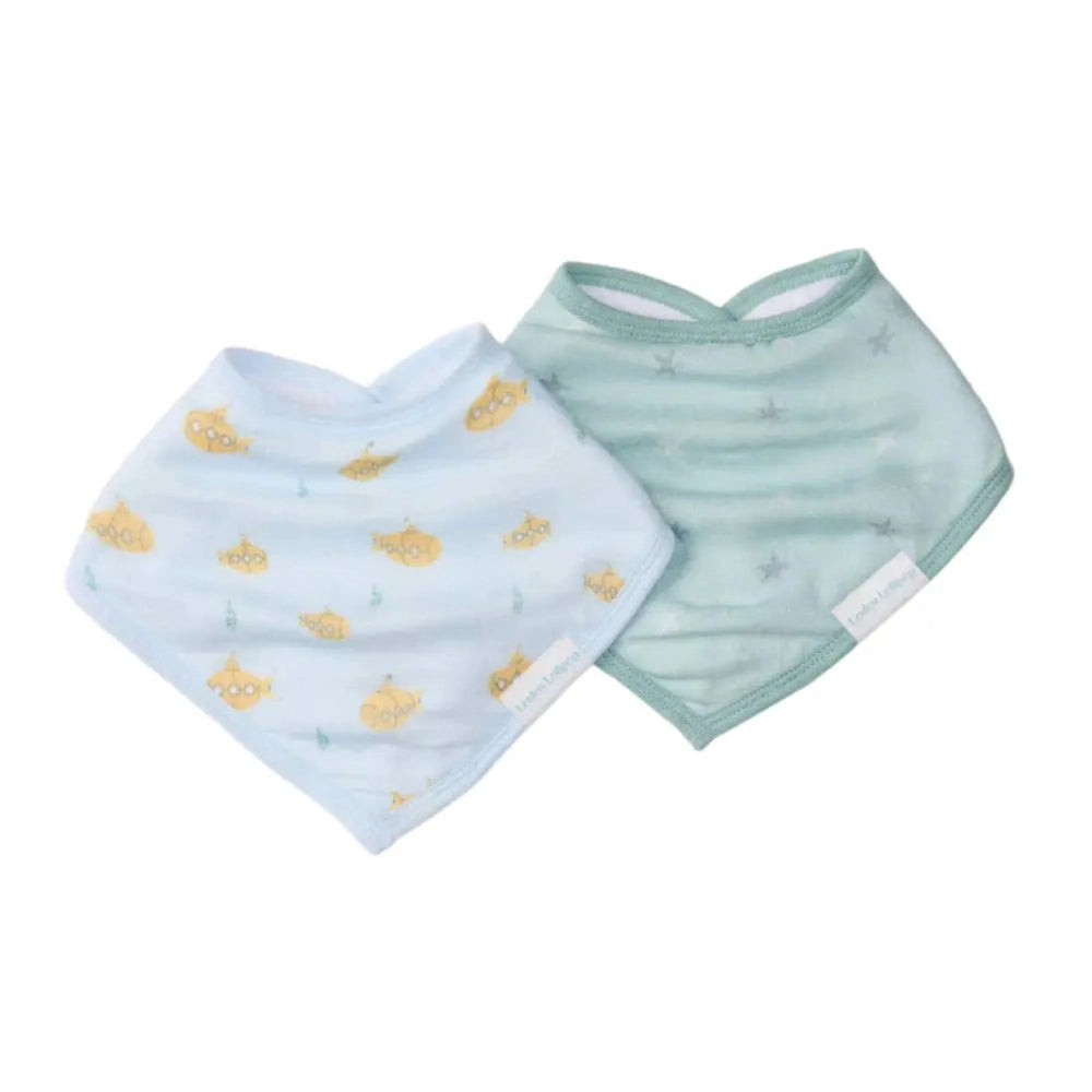 Loulou Lollipop Bandana Bib Set with two pastel blue/green cotton bibs—perfect for catching spills during feeding.