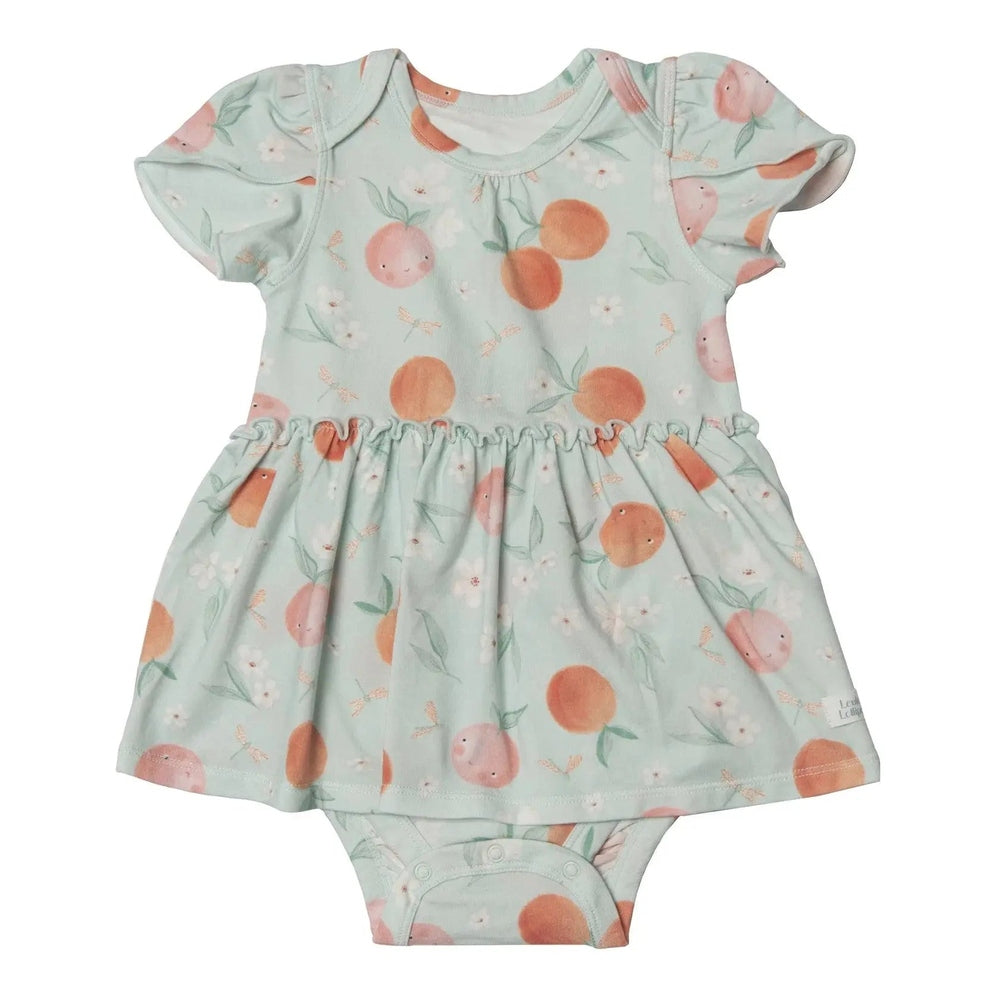 Loulou Lollipop Bodysuit Dress Peaches in mint green with peach print; gathered waist and snap-bottom diaper closure shown.