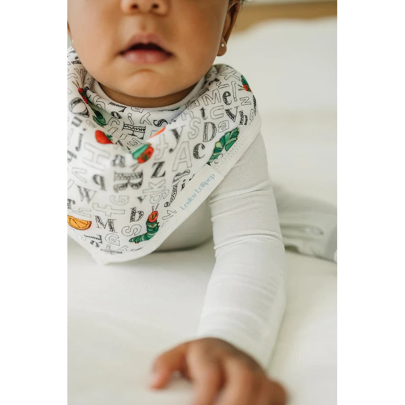 Loulou Lollipop Eric Carle Bandana Bib Alphabet; white cotton bib with alphabet letters and colorful caterpillar motif