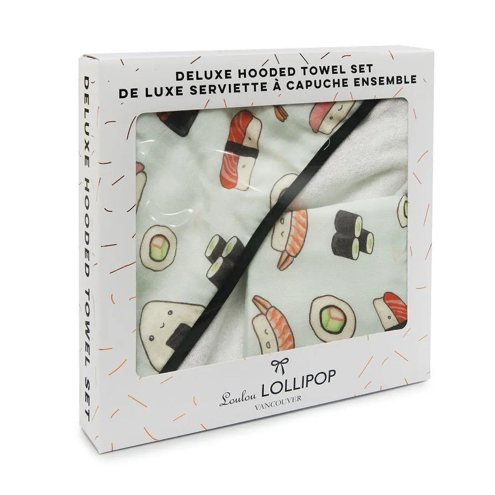 Loulou Lollipop Hooded Towel Set with sushi print, neatly folded inside a white box with a clear window.