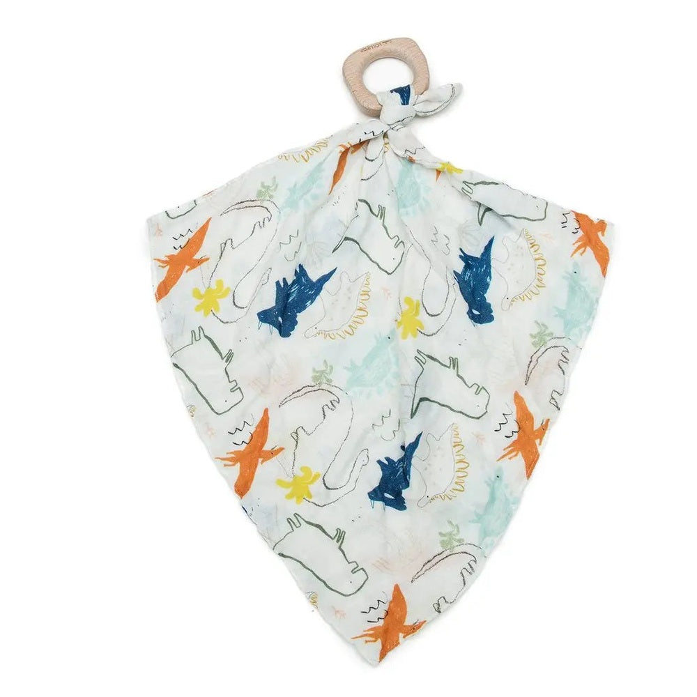 Loulou Lollipop Lovey baby comforter with wooden ring, knotted at the top on white fabric with colorful animal prints.