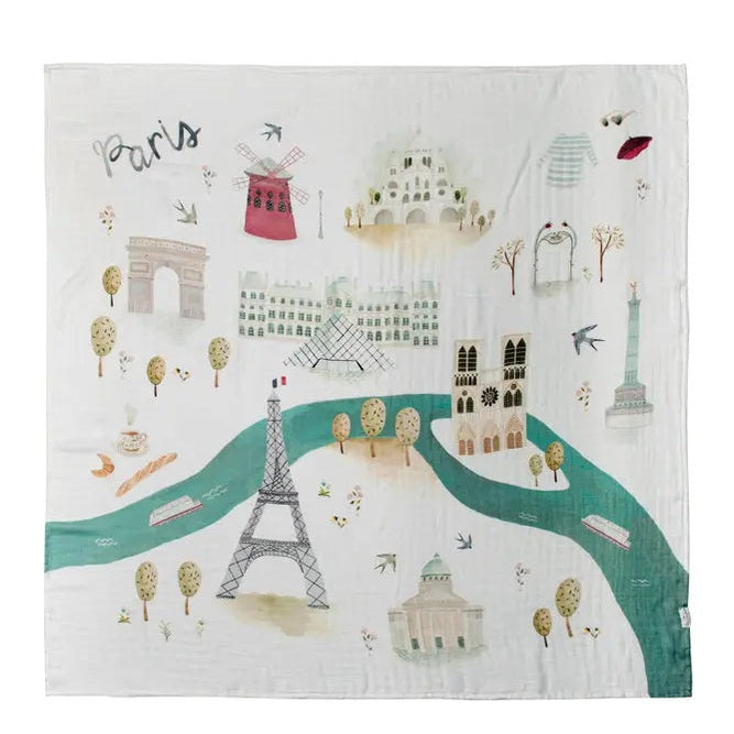 Loulou Lollipop Muslin Quilt Blanket, pastel Paris landmarks design laid flat to show Eiffel Tower and winding river.