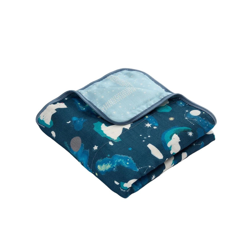 LOULOU LOLLIPOP Muslin Quilt Blanket, navy space print folded to show light blue reverse.