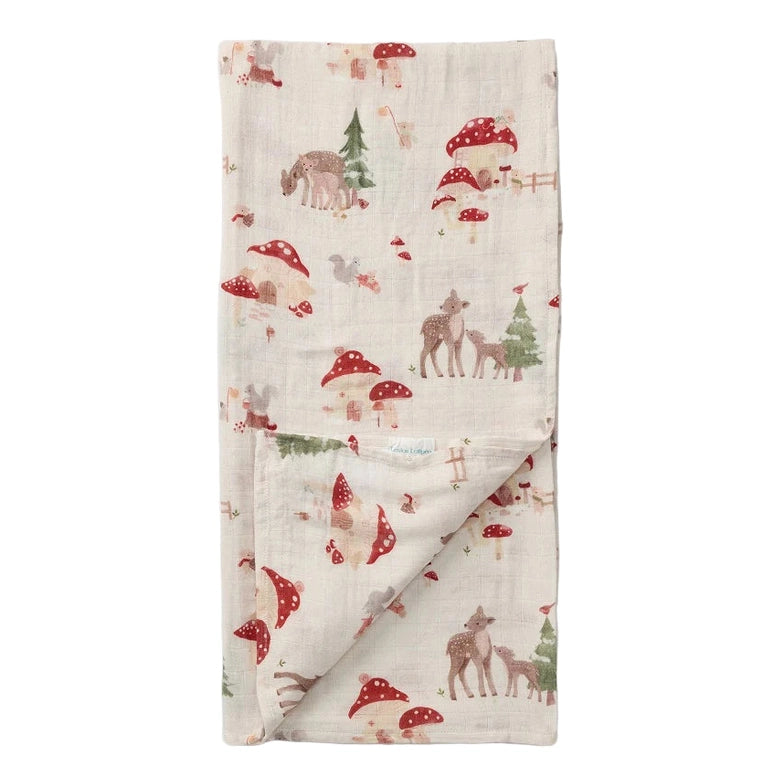 LOULOU LOLLIPOP Muslin Swaddle in cream with woodland animals and red mushrooms, soft and breathable for soothing babies.