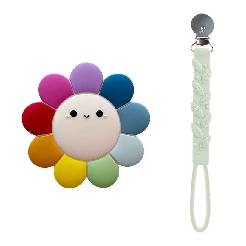 Loulou Lollipop Daisy Rainbow silicone teether set with pastel leaf clip strap, 2-piece