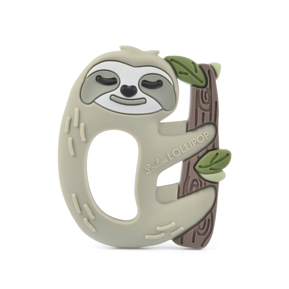Loulou Lollipop Silicone Teether Single with beige sloth clinging to a brown branch with green leaves