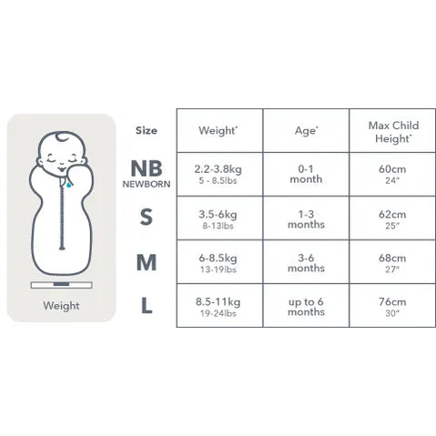 Love To Dream Swaddle Up Cotton 0.2 Tog You Are My Grey; baby swaddled with visible zipper beside NB–L size chart.