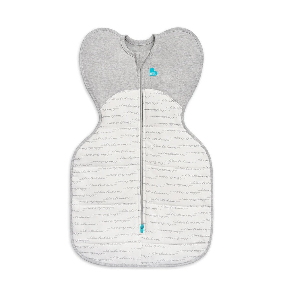 Love To Dream Swaddle Up Quilted Cotton 2.5 Tog Dreamer White swaddle shown flat with front zipper for easy fastening.