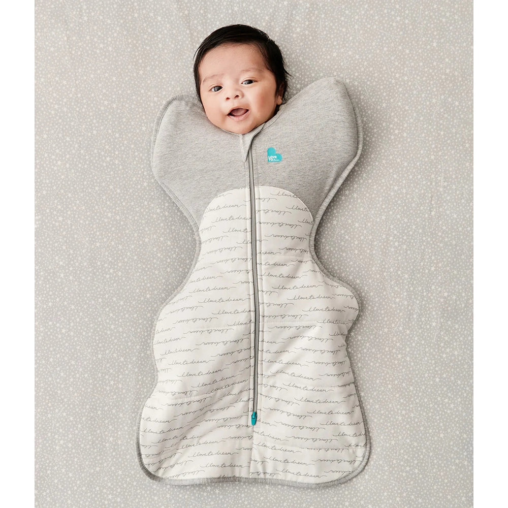 Love To Dream Swaddle Up Quilted Cotton 2.5 Tog Dreamer White: baby snug in a front-zip quilted swaddle.