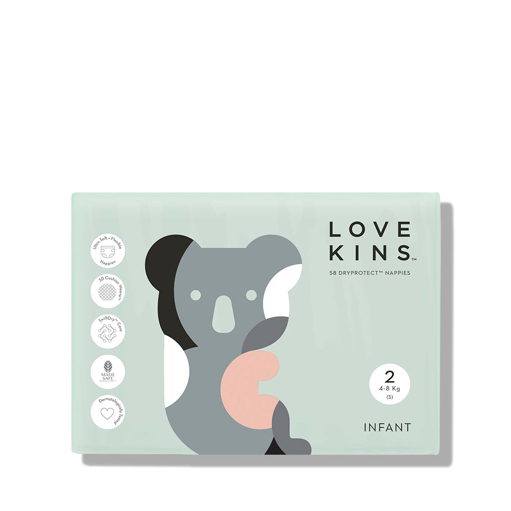 Lovekins Dryprotect infant nappies S (4–8 kg), 2-pack in mint-green packaging with LoveKins logo