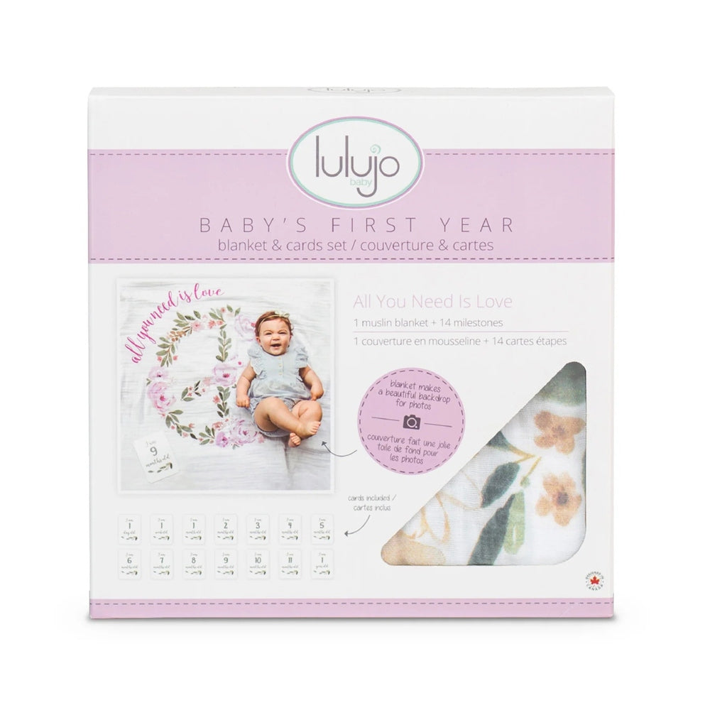 Lulujo Baby 1st Year Milestone Blanket All You Need Is Love, pink packaging with photo sample