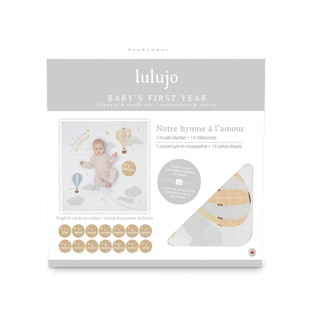 Lulujo baby milestone blanket Notre Hymne À L’Amour with 14 milestone cards, beige and gray theme