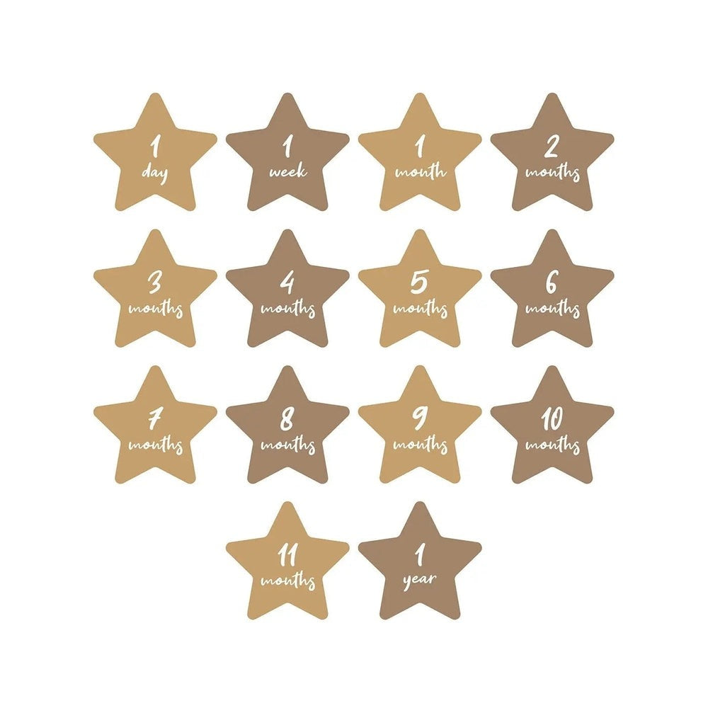 Lulujo Baby's 1st Year milestone star sticker set in beige/brown, showing 1 day to 1 year milestones.