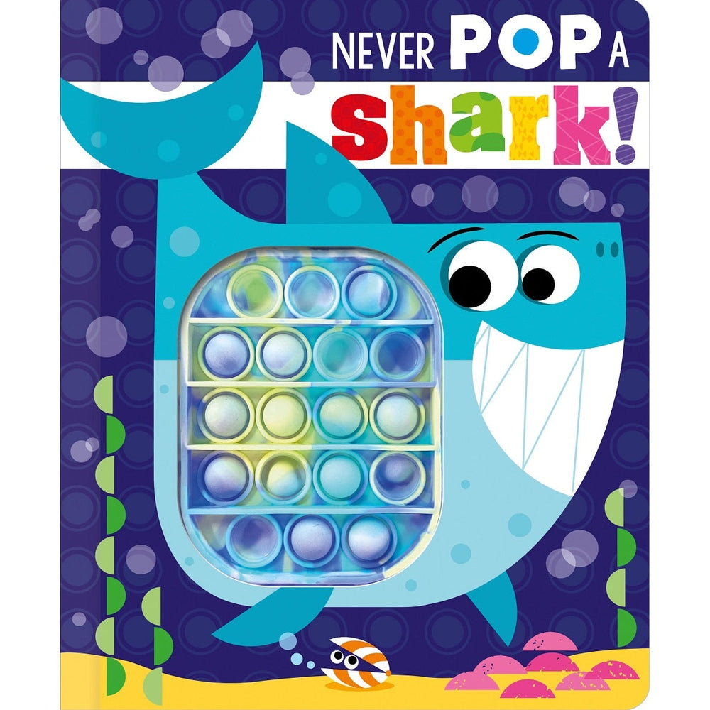 Make Believe Ideas Never Pop A Shark pop-it fidget toy with rainbow bubbles in blue shark packaging