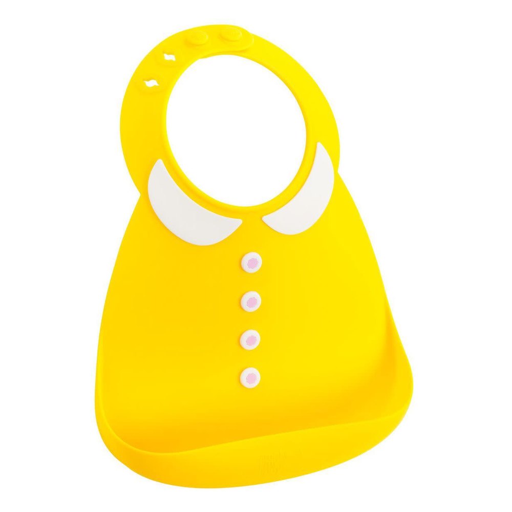 Make My Day Peter Pan Collar baby bib in bright yellow with white collar accents and pink buttons