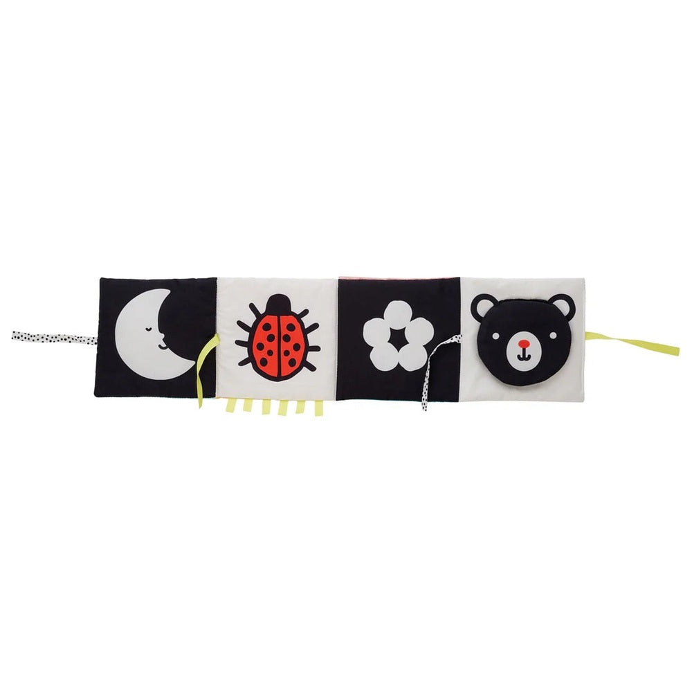 Manhattan Toy Wimmer Seek & Peek Book, a soft fabric baby activity book with moon, ladybug, flower, and bear panels.