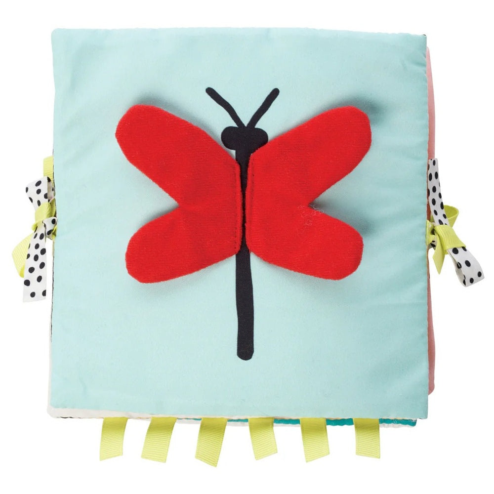 Manhattan Toy Wimmer Seek & Peek Book for babies with a red butterfly on light blue fabric and yellow ribbon tabs.