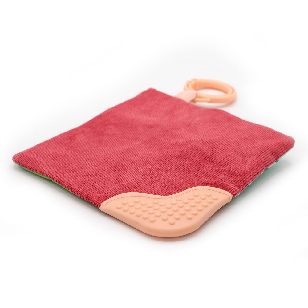 Mary Meyer Fairyland Mouse Crinkle Teether in pink fabric with peach textured teething corner