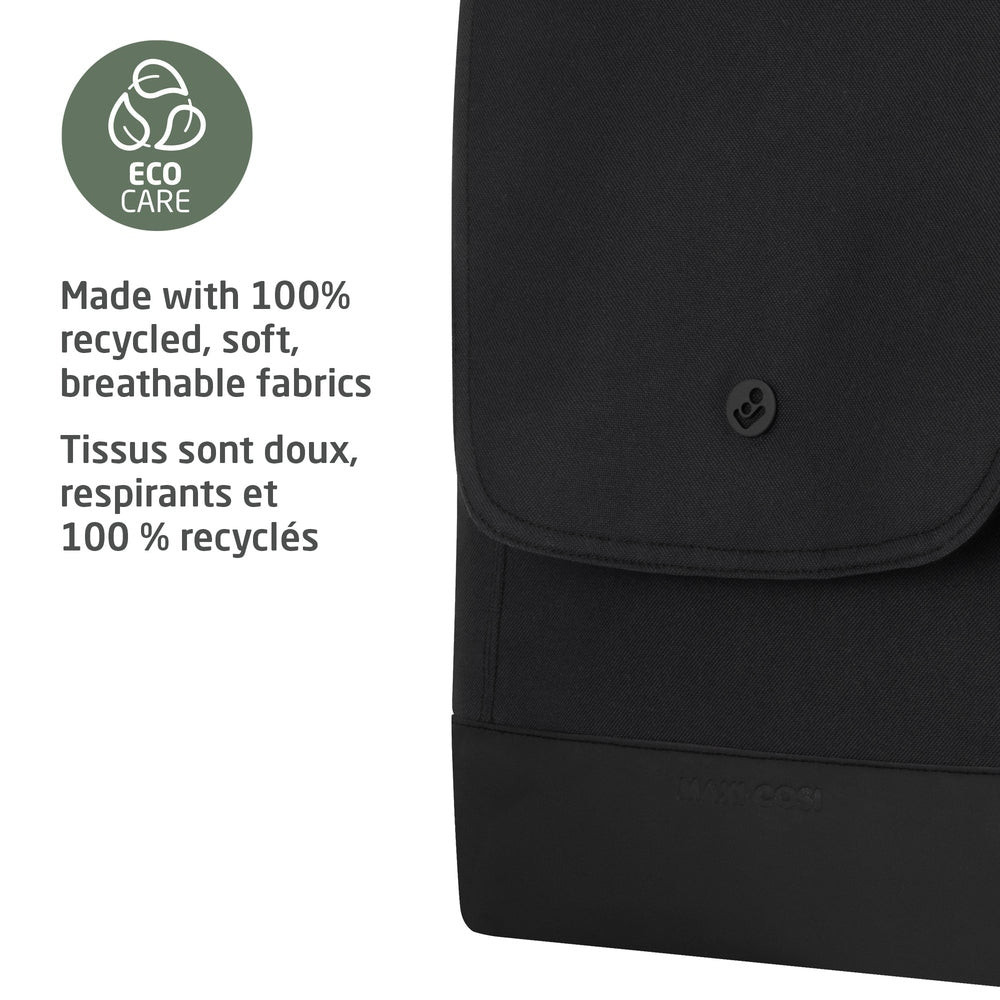 Maxi Cosi Changing Backpack in black, eco-friendly 100% recycled fabrics with front flap closed.