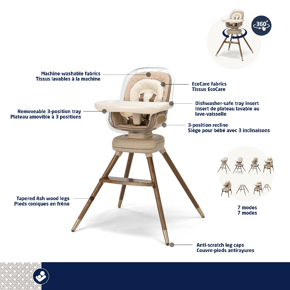Maxi-Cosi Kiskadee 360 high chair with 7 modes, removable 3-position tray and machine-washable fabrics