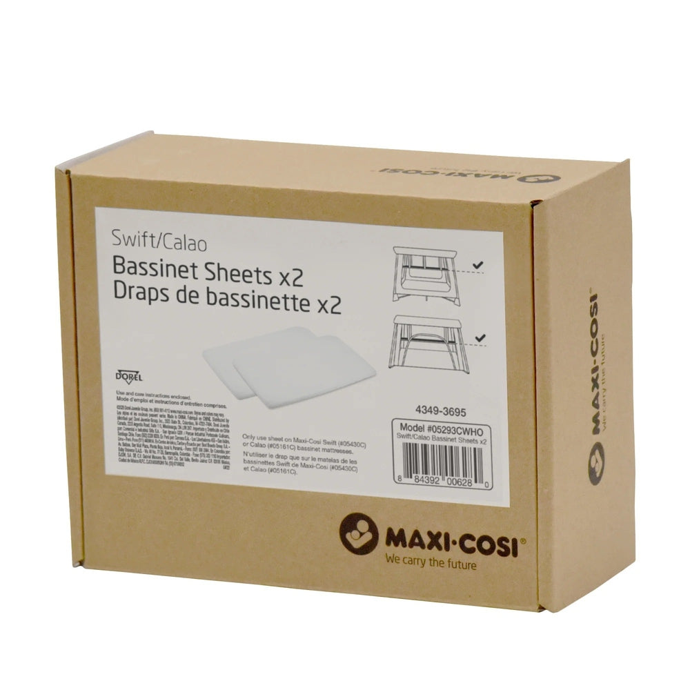 MAXI-COSI Swift/Calao Bassinet Sheets x2 in a cardboard box, showing two white sheets on the label.