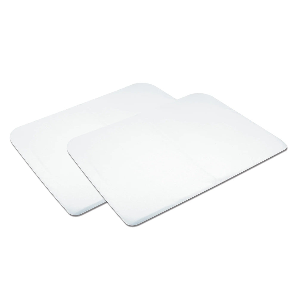 MAXI COSI Swift/Calao Playard Sheets Set of 2, white fitted sheets laid flat on white surface
