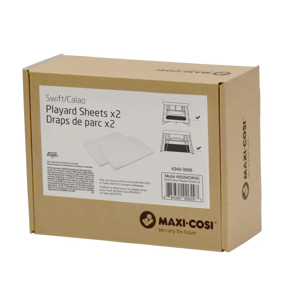 MAXI-COSI Swift/Calao Playard Sheets x2 set; two white sheets laid beside the product label on a cardboard box