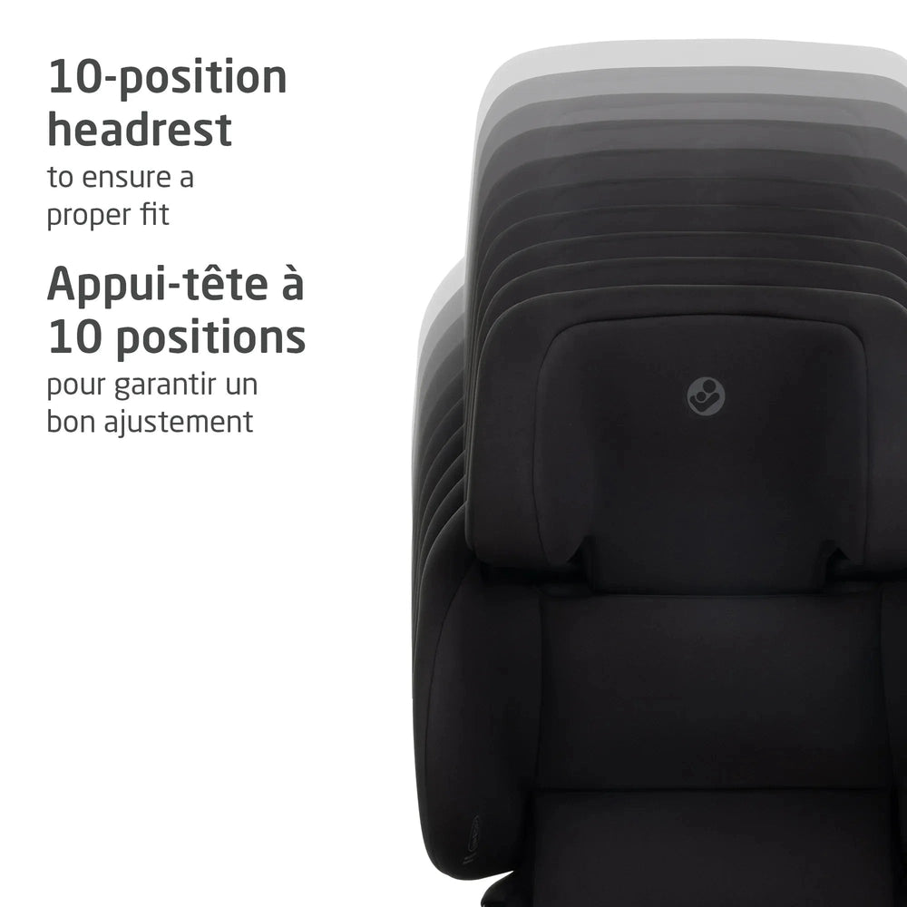 MAXI COSI Tanza Belt-Positioning Booster Car Seat in black with a 10-position adjustable headrest for a proper fit.