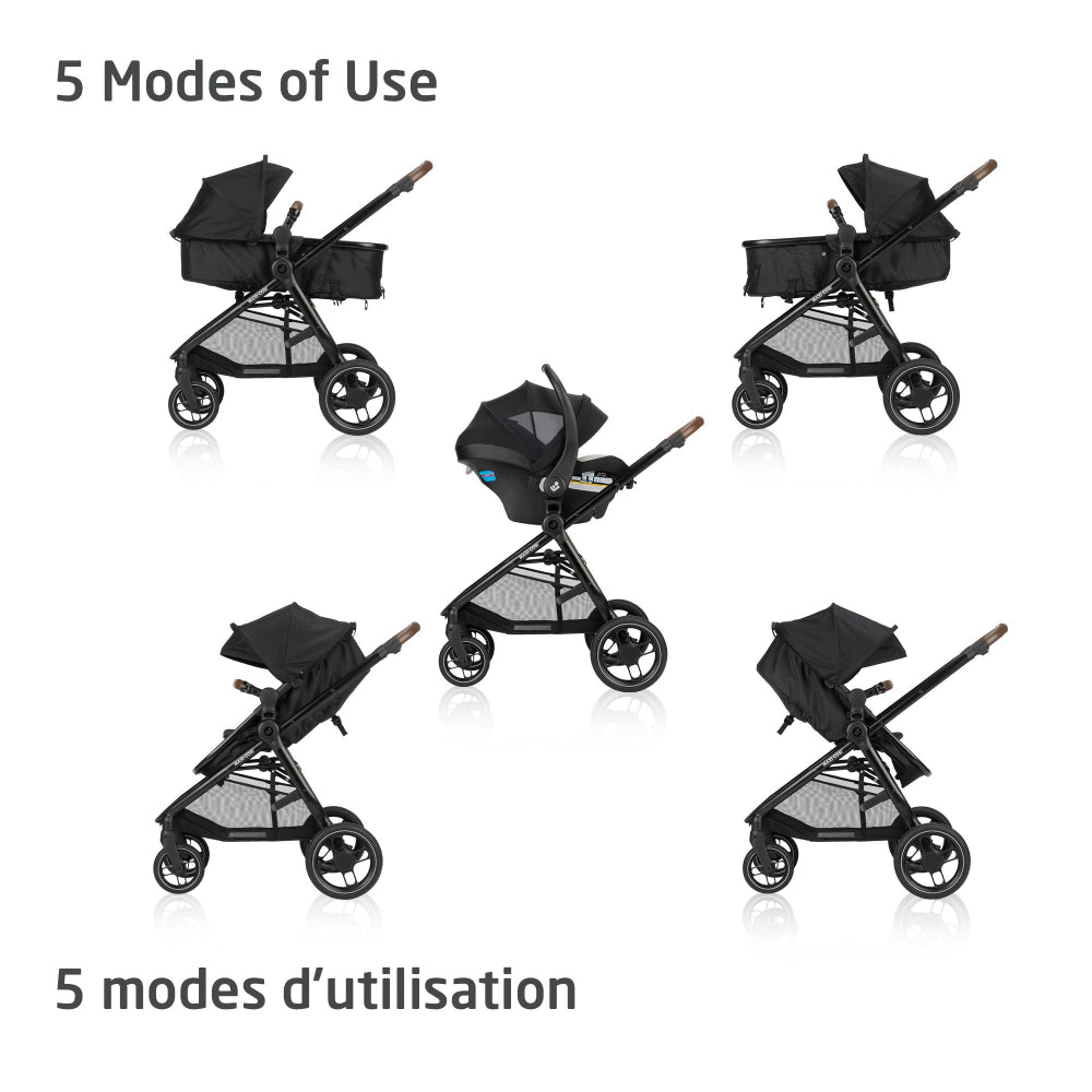 Maxi-Cosi Zelia Luxe 5-In-1 Modular Travel System in black, shown in five configurations with bassinet and seat adapters.