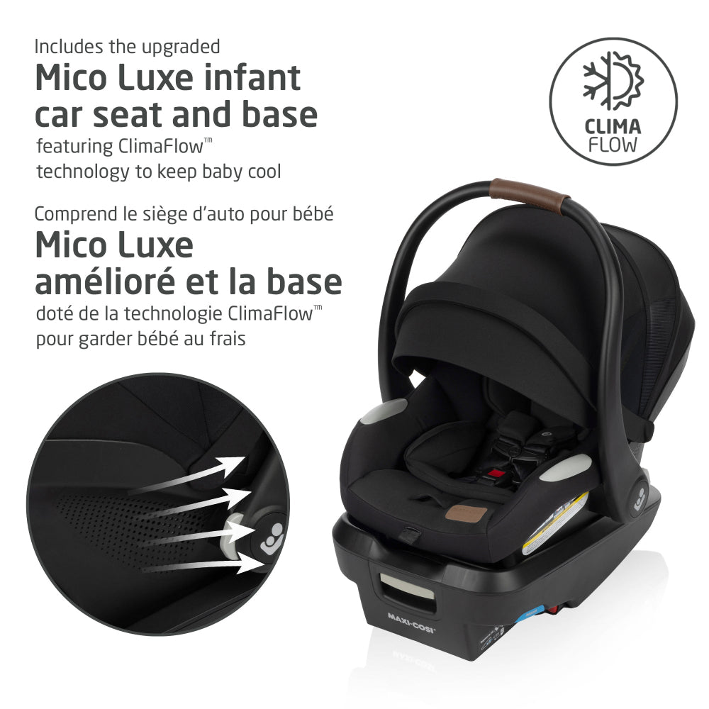 Maxi-Cosi Zelia Luxe 5-in-1 travel system; black infant car seat clicks into base featuring ClimaFlow cooling technology.