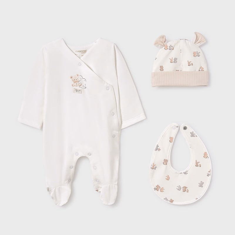 Mayoral Baby 3-Piece Gift Set Natural romper, hat, and bib in white with beige accents displayed together.