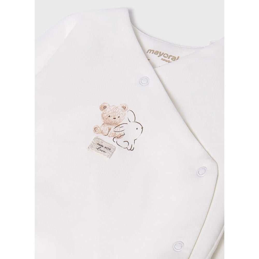 Mayoral Baby 3-Piece Gift Set Natural white outfit featuring teddy and bunny embroidery, with snap closures.
