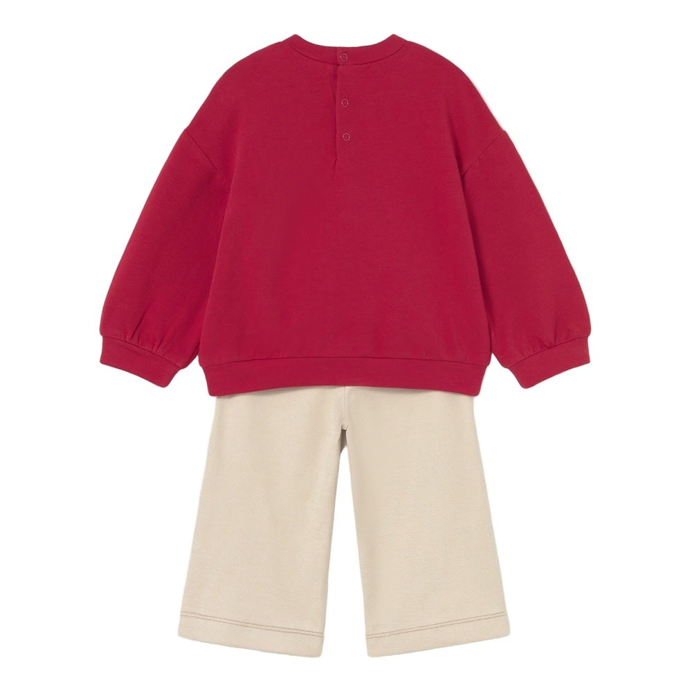 Mayoral Baby Pants and Sweater Set Red, beige bottoms, laid flat to show oversized red pullover with back button placket.