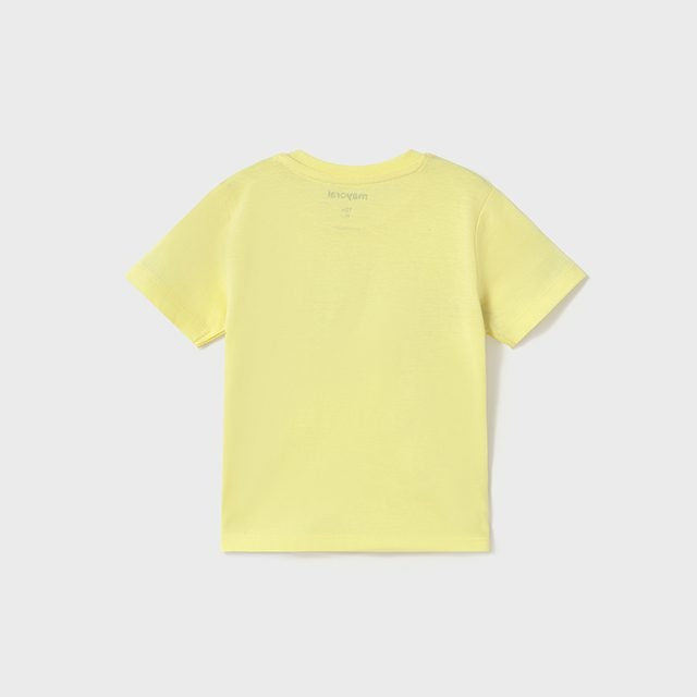 Mayoral Baby Sailboat T-Shirt Sorbet Yellow, back view on neutral backdrop with short sleeves.
