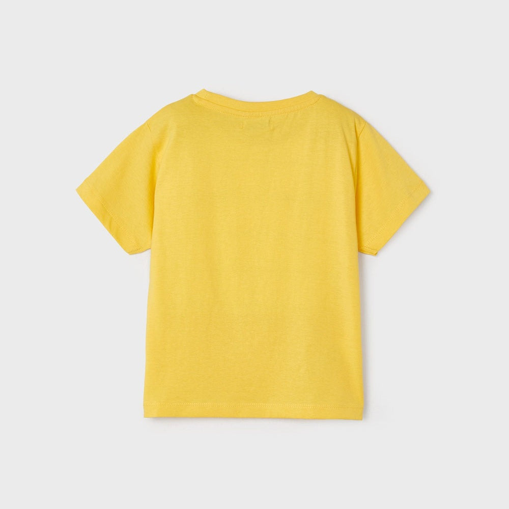 Mayoral Boys T-Shirt Yellow Sun in bright cotton, laid flat to show back view and short sleeves.