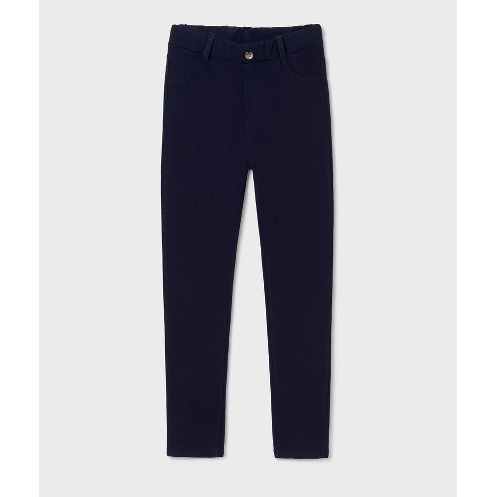 Mayoral girl fleece trousers, navy, front view showing button waist and belt loops.