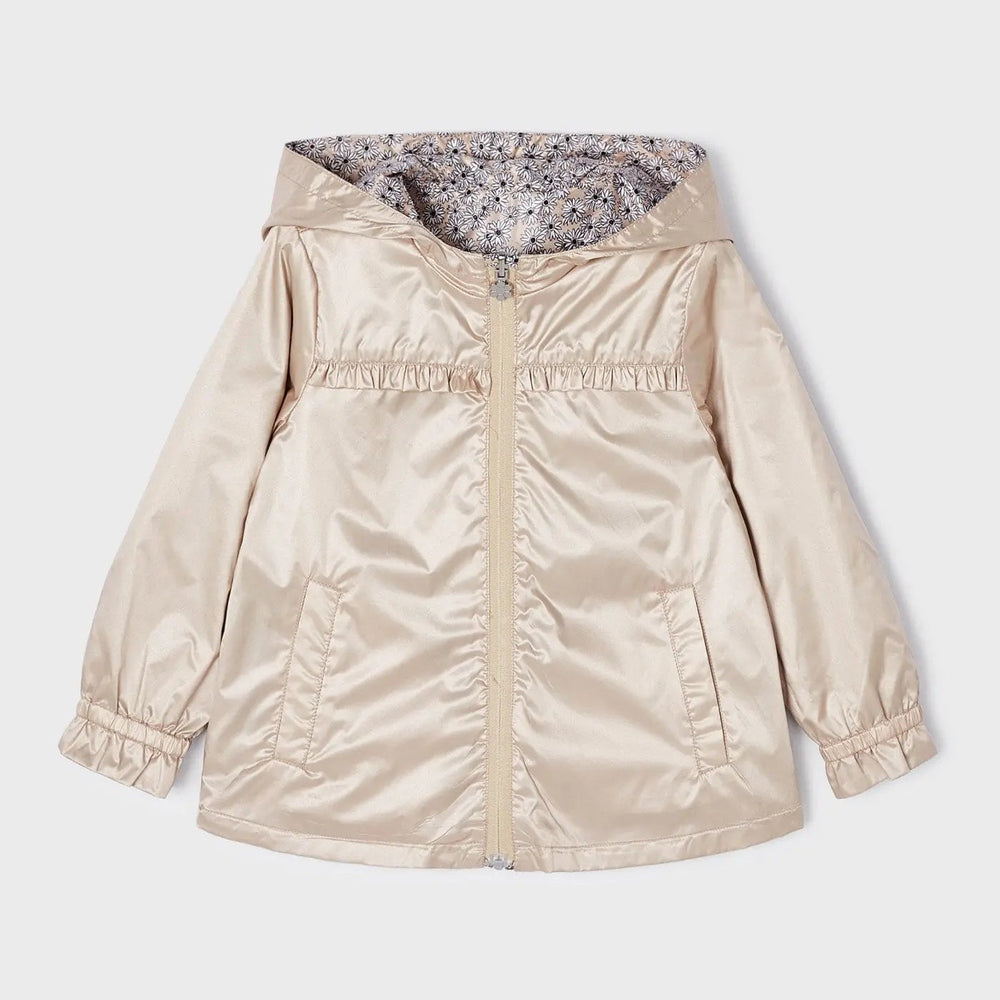 Mayoral Girl Reversible Windbreaker Jacket Almond, beige shell with floral lining in hood, zip front.