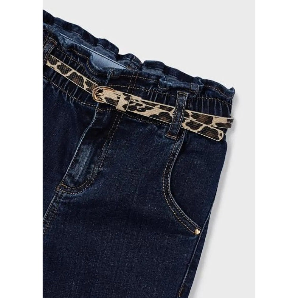 Mayoral Girls Denim Pants With Belt, leopard belt threaded through loops on elastic-waist blue denim pants.