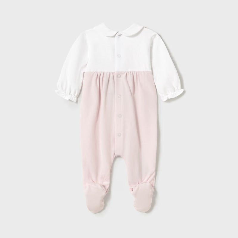Mayoral Newborn 2-Pack One-Piece Flower in white and pink, button-front footed romper with gathered waist.